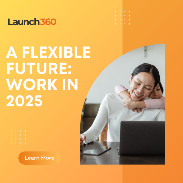 A woman working from home on her laptop, smiling as her toddler hugs her from behind. The image represents the future of work in 2025, highlighting flexibility, work-life balance, and the evolving remote work environment.