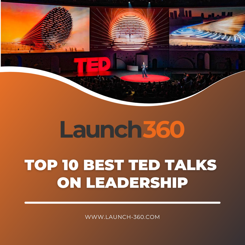 A TED Talk stage with a speaker presenting to a large audience under bright red TED letters. The image symbolizes inspiring leadership insights and powerful ideas shared through top TED Talks on leadership.